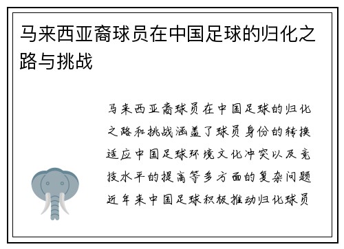 马来西亚裔球员在中国足球的归化之路与挑战 马来西亚裔球员在中国足球的归化之路与挑战